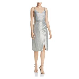 AQUA Womens Gathered Slitted Spaghetti Strap V Neck Below The Knee Party Dress